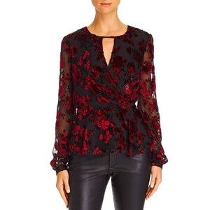 Parker Kat Women's V-Neck Velvet Burnout Peplum Top, Black/Red, S